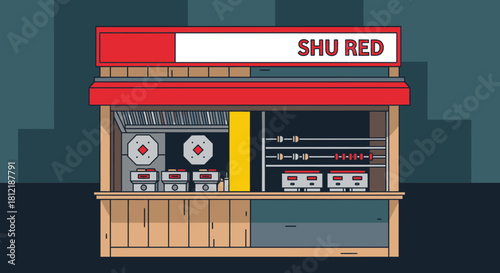 A vector illustration of a vibrant Shu Red food stall, showcasing its unique architecture and inviting atmosphere, perfect for adding a touch of culture.