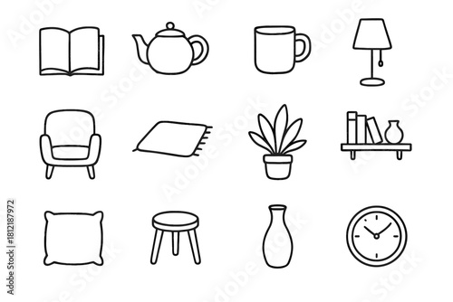 Minimal reading chair icons mug stool clock icon shelf vector book vase