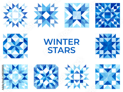 Winter stars design, Festive seamless vector patterns with geometric star motifs, blue and white