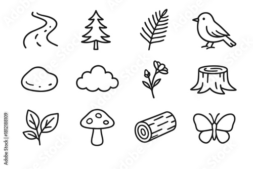 Nature icon leaf road pine log vector mushroom wildflower pathway icons cluster