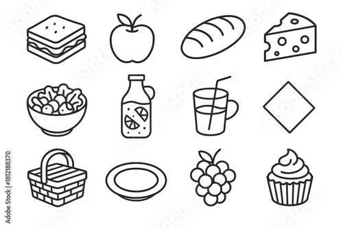 Grapes bread picnic icon bottle vector salad dessert basket cup set napkin