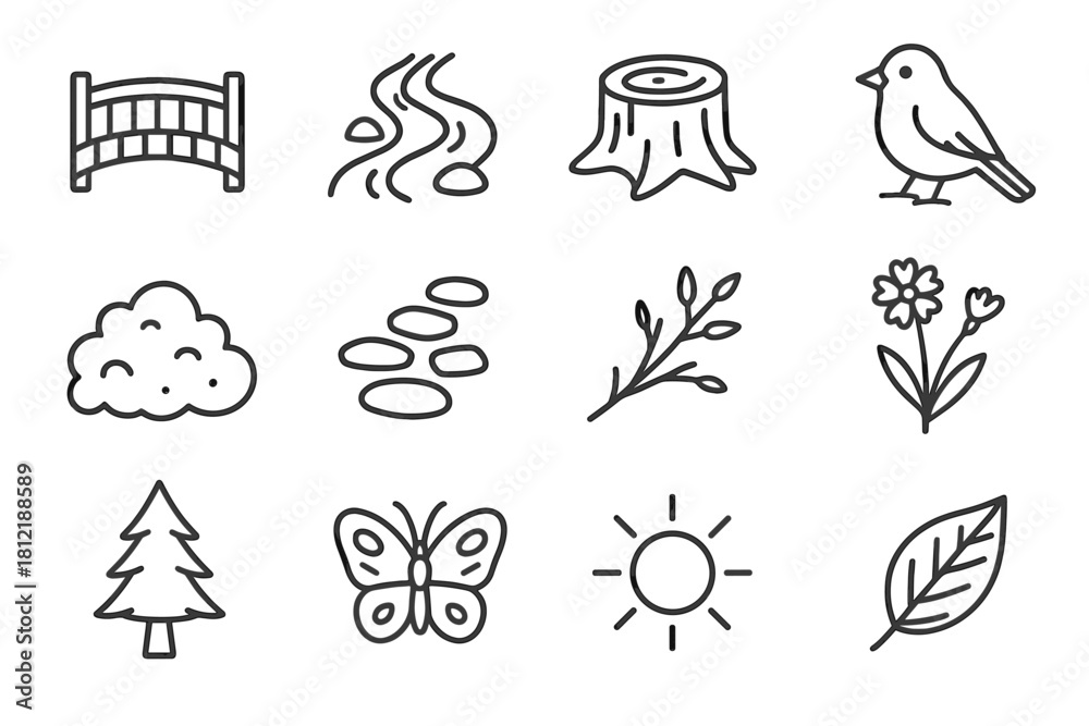 Fototapeta premium Trail sun vector icons stump butterfly bush wildflower branch stream nature bird