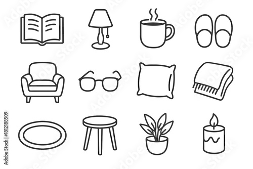 Glasses vector candle night cozy pillow icon rug table mug small icons