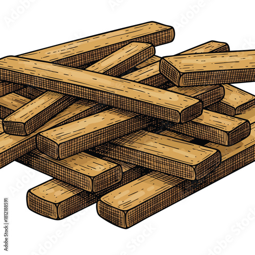 Stack of rustic wooden planks arranged loosely.