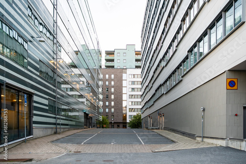 A clean modern urban cityscape built around empty corporate street architecture through the financial district, introducing business vision and future oriented design