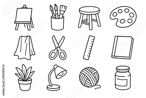 Ruler jar fabric paint icon atelier cozy easel notebook vector icons scissors