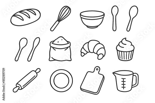 Bakery icons bowl measuring pin cutting cupcake essentials icon loaf croissant plate