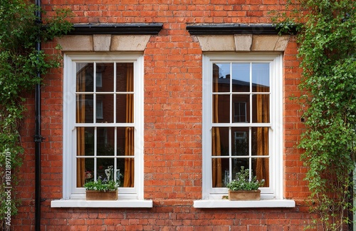 Charming red brick facade with bright white windows and lush green ivy, perfect for home design or architectural projects, evoking a sense of classic elegance
