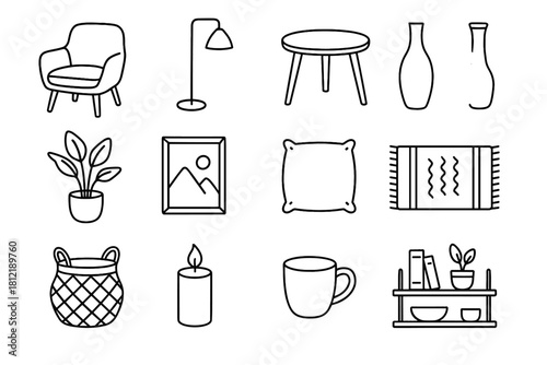 Shelf basket floor interior rug chair candle icon frame vector cushion scandinavian