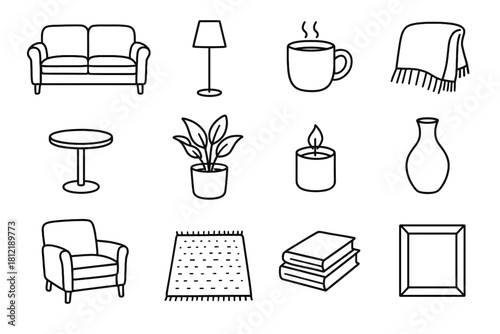 Sofa coffee room vector armchair blanket candle icon living throw mug potted