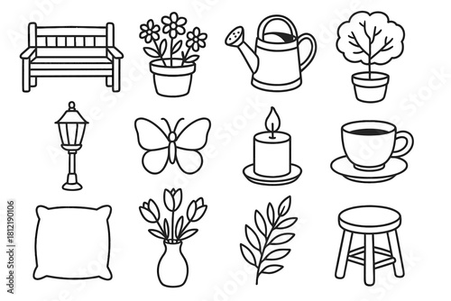 Vector bench icon stool can cushion branch watering leaf lamp floral