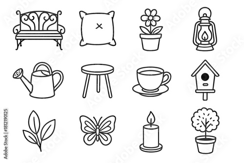 Pillow potted watering small can vector lamp pot bench cozy garden icon