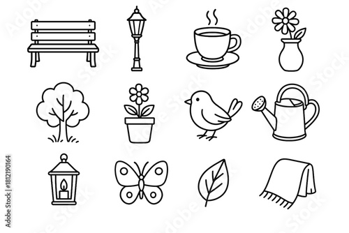 Icon coffee vector lantern garden pot butterfly leaf morning icons wooden bench