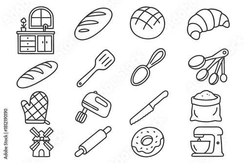 Vector spoon measuring bakery loaf spatula set kitchen icon cozy bread scene