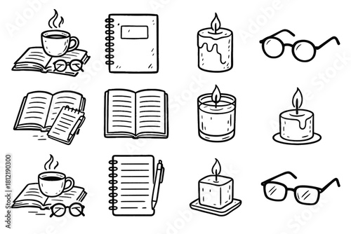 Vector notebook study glasses set sketch candle weekend setup outline icon