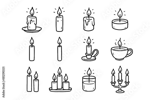 Soft light candlelight minimalist minimal icon outlines set linework vector candle cup