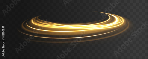 Golden glowing shiny spiral lines effect. Curved yellow line light. Glittering wavy trail. Swirling glow dynamic neon circles. Rotating shining rings. Shine magic gold swirl with flare sparkles Vector