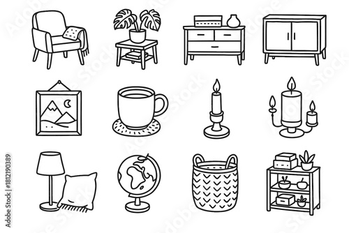Decor icons holder scandinavian chair cozy icon outline candle vector line blanket