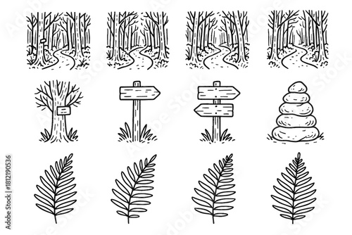 Vector drawing path woods set icons trail leaves forest fern dense icon