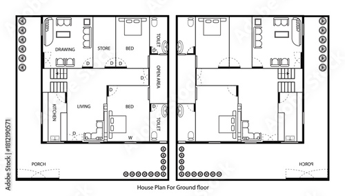 Interior design and map plan ground floor for house, apartment or flat. vector architecture of 2D plan with room and furniture