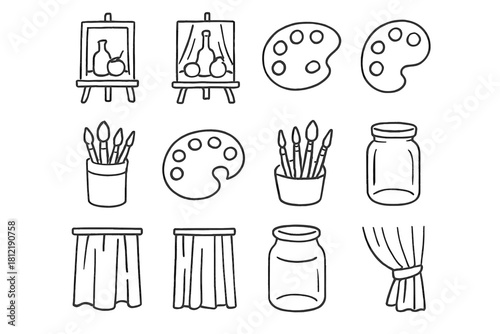 Icon artistic palette atelier curtain jar life home vector icons doodle setup