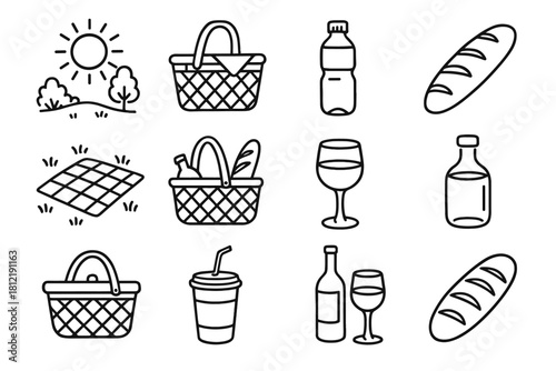 Day sunny picnic loaf bread line icon vector set basket drinks