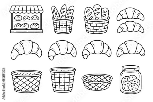Jar croissants vector icons display pencil baskets sketch icon bakery shop grid