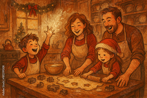 Festive illustration of a joyful family baking cookies in a cozy kitchen. Red outfits, Santa hats, and holiday décor create a warm Christmas mood filled with laughter, creativity, and tradition