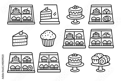 Muffins pastry vector icon collection artistic sketch cakes showcase bakery rolls