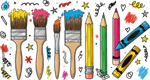 Funky Crayon Drawn Art Tools Illustration Set.