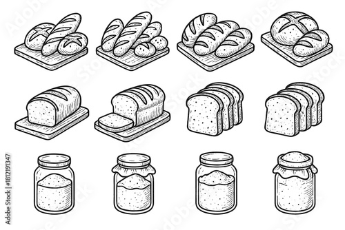 Arrangement icon jars drawing set vector bakery flour rustic slices bread loaf