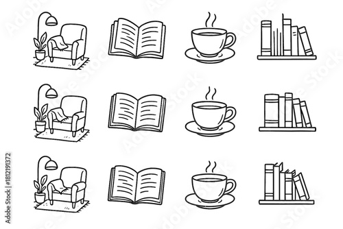 Drawn icon shelf tea book aesthetic reading corner open vector hand cup