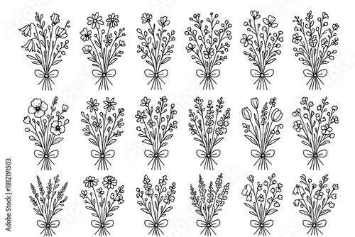 Rough bouquet flowers icons tied doodle icon vector ribbon meadow wild floral