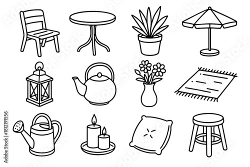 Plant icon table teapot can vector icons patio chair garden vase stool