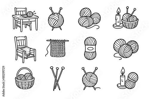 Knitting crafting display line icon icons set home yarn candlelight table vector