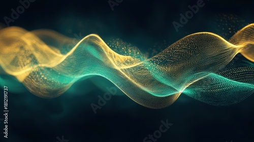 Laser beam modulation creating dynamic particle wave formations with golden and teal frequency patterns displaying fluid interference effects in abstract digital space