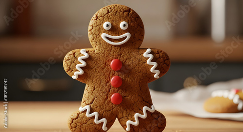 Gingerbread man cookie with icing and candy buttons on a table