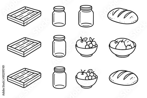 Wooden fruit jars picnic grid artistic tray bread bowl icon loaf vector