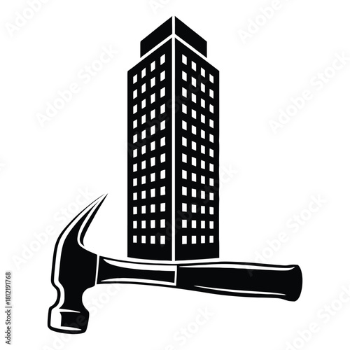 Construction and development concept showing a hammer in front of a building isolated on white background