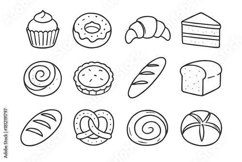 Vector clean line layout pastries bakery icon minimalist icons bread doodle