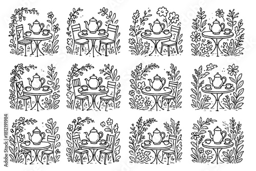 Garden doodle icons surrounded greenery flowers table tea sketch vector collection icon