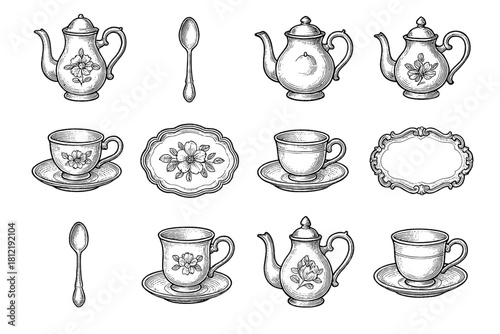 Tray vintage porcelain service tea icon vector spoon pot floral