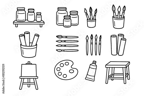 Jars paper icon drawing brushes studio rolls setup vector icons shelf art