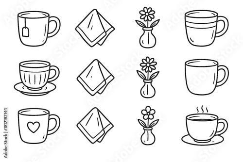 Setup vase napkin flower vector morning tea icons mug collection icon