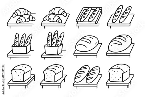 Counter vector ink drawing minimal loaves baguettes set croissants icon bakery