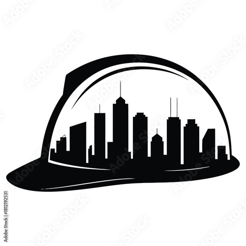 Construction worker hard hat with city skyline silhouette isolated on white background for construction company