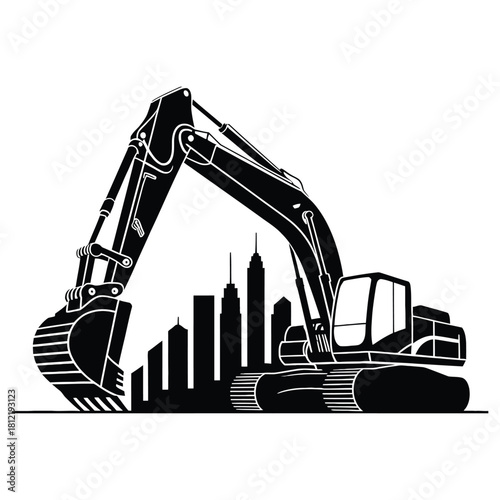 Excavator with a city skyline isolated on white background heavy construction equipment in front of skyscrapers