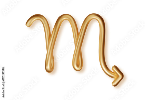 Elegant 3D metallic gold Scorpio zodiac sign with shine. Realistic horoscope symbol for astrology readings, mystical themes and celestial artwork