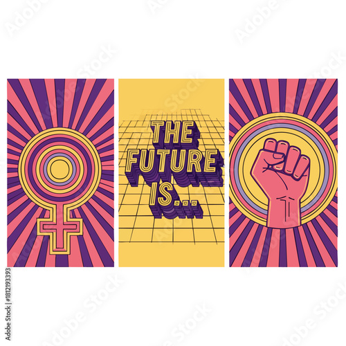 Feminist Empowerment Triptych Featuring Venus Symbol Fist.