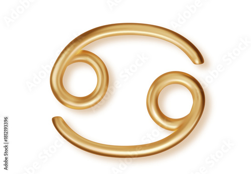 Realistic 3D gold Cancer zodiac sign with reflective metallic shine. Luxury astrology symbol for horoscope charts, mysticism themes and celestial decoration